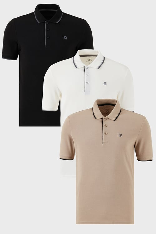 Pamuklu Regular Fit Şerit Detaylı Düğmeli Polo Yaka 3'lü Paket Erkek T Shirt 5902118S3 Siyah-Beyaz-Vizon
