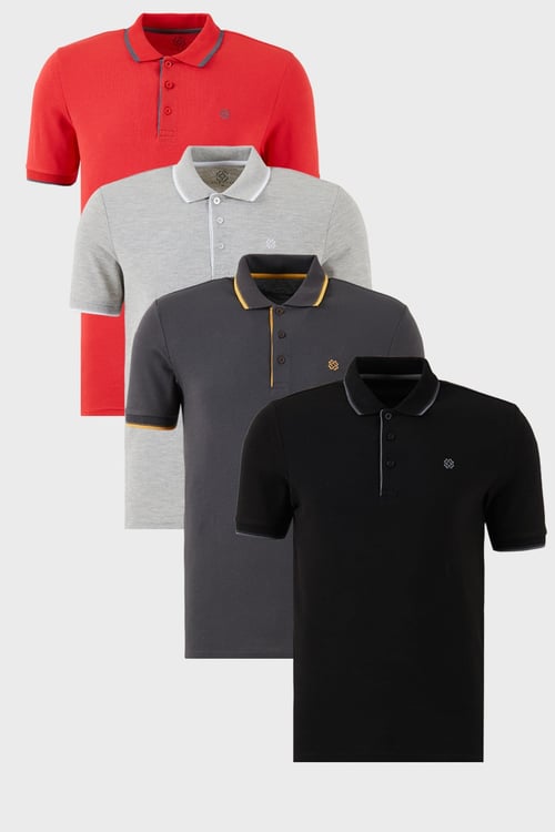 Pamuklu Regular Fit Şerit Detaylı Düğmeli Polo Yaka 4'lü Paket Erkek T Shirt 5902118S4 Siyah-Kırmızı-Antrasit-Gri Melanj