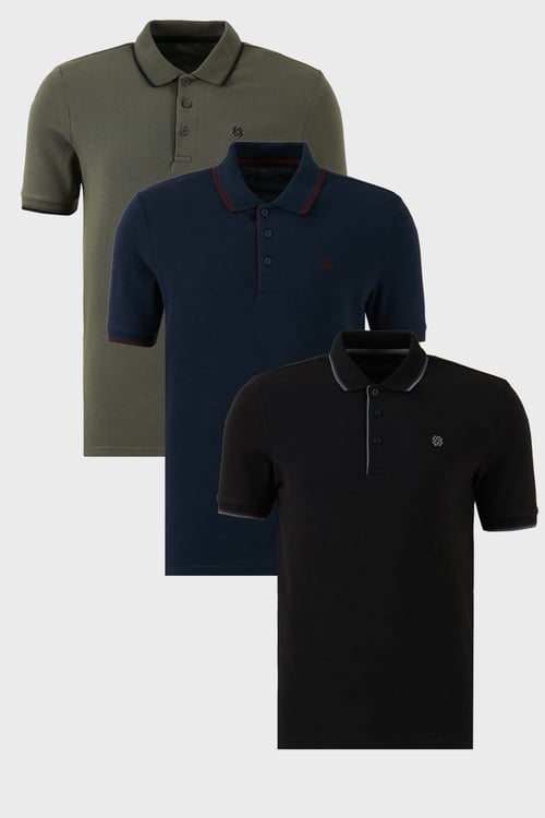 Pamuklu Regular Fit Şerit Detaylı Düğmeli Polo Yaka 3'lü Paket Erkek T Shirt 5902118S3 Siyah-Haki-Lacivert-Bordo