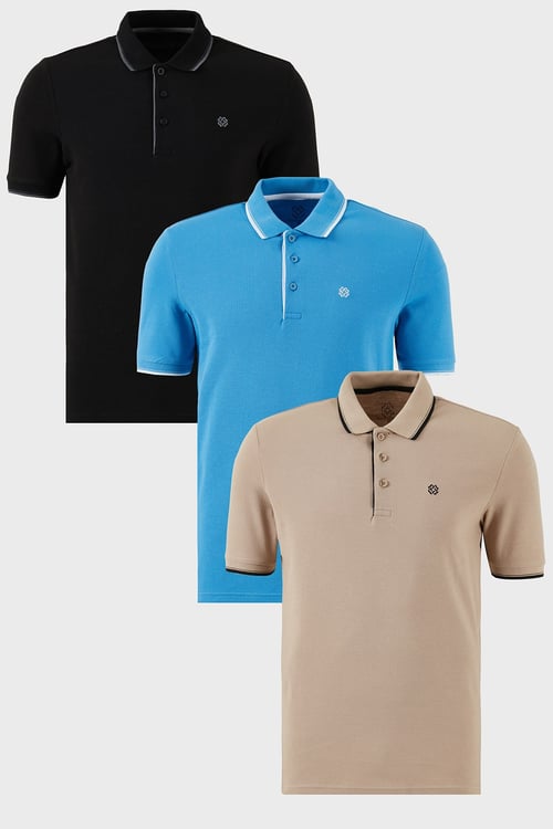 Pamuklu Regular Fit Şerit Detaylı Düğmeli Polo Yaka 3'lü Paket Erkek T Shirt 5902118S3 Siyah-Vizon-Koyu Mavi