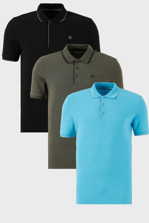 Pamuklu Regular Fit Şerit Detaylı Düğmeli Polo Yaka 3'lü Paket Erkek T Shirt 5902118S3 Siyah-Haki-Aqua Mavi