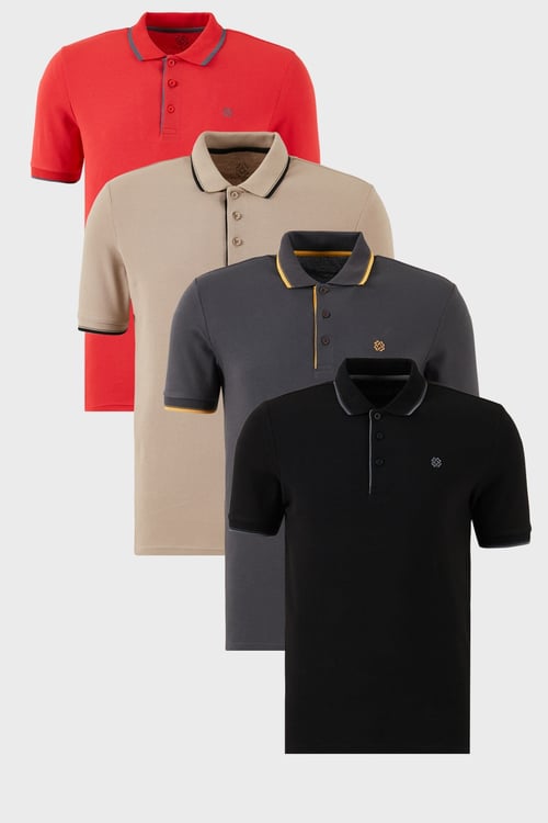 Pamuklu Regular Fit Şerit Detaylı Düğmeli Polo Yaka 4'lü Paket Erkek T Shirt 5902118S4 Siyah-Kırmızı-Antrasit-Vizon