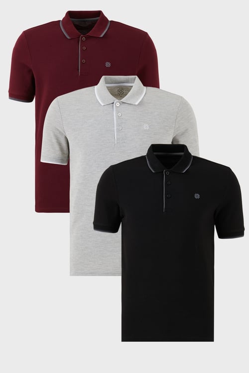 Pamuklu Regular Fit Şerit Detaylı Düğmeli Polo Yaka 3'lü Paket Erkek T Shirt 5902118S3 Siyah-Vişne-Gri Melanj