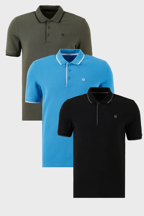 Pamuklu Regular Fit Şerit Detaylı Düğmeli Polo Yaka 3'lü Paket Erkek T Shirt 5902118S3 Siyah-Haki-Koyu Mavi