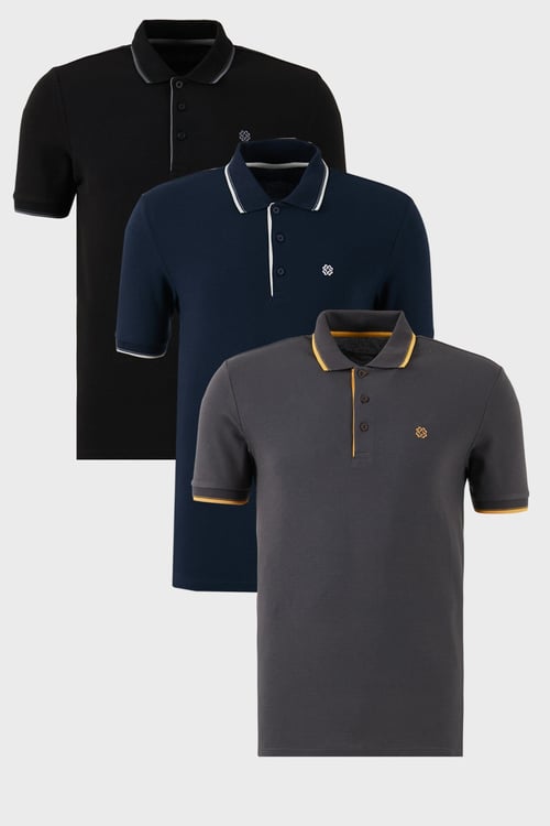 Pamuklu Regular Fit Şerit Detaylı Düğmeli Polo Yaka 3'lü Paket Erkek T Shirt 5902118S3 Siyah-Antrasit-Lacivert