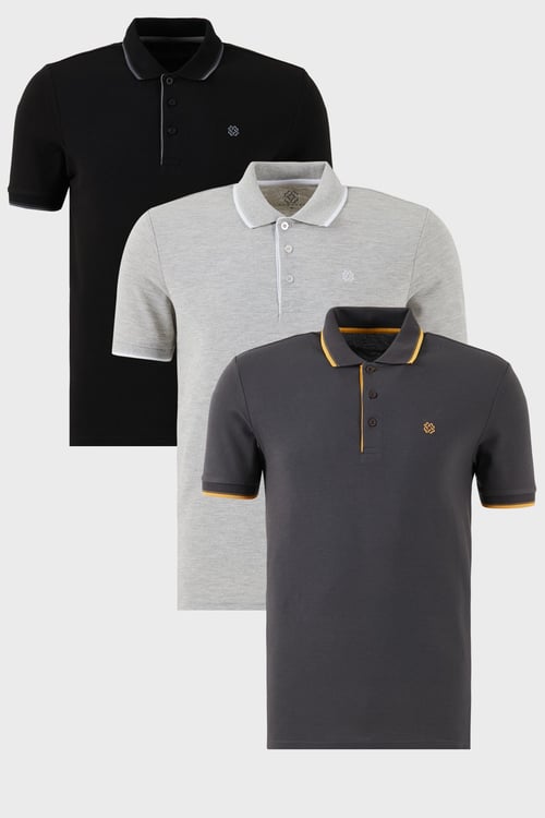 Pamuklu Regular Fit Şerit Detaylı Düğmeli Polo Yaka 3'lü Paket Erkek T Shirt 5902118S3 Siyah-Antrasit-Gri Melanj