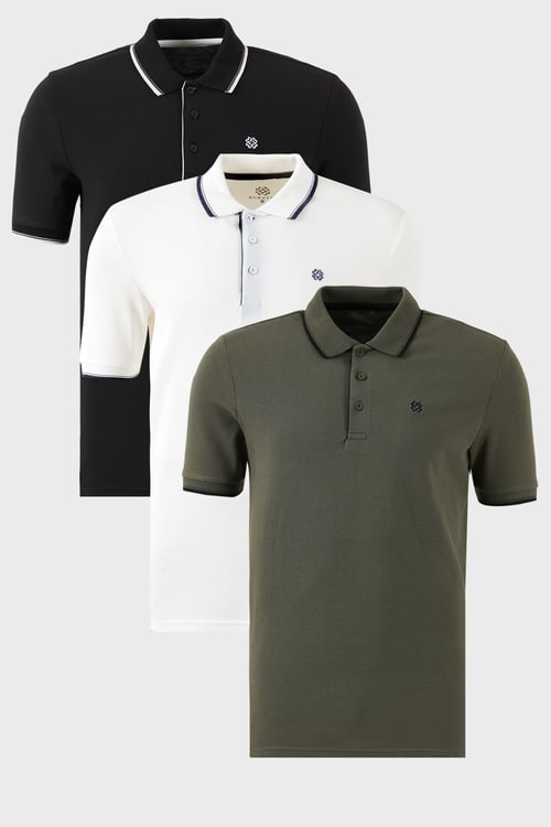 Pamuklu Regular Fit Şerit Detaylı Düğmeli Polo Yaka 3'lü Paket Erkek T Shirt 5902118S3 BEYAZ-HAKİ-SİYAHBEYAZ
