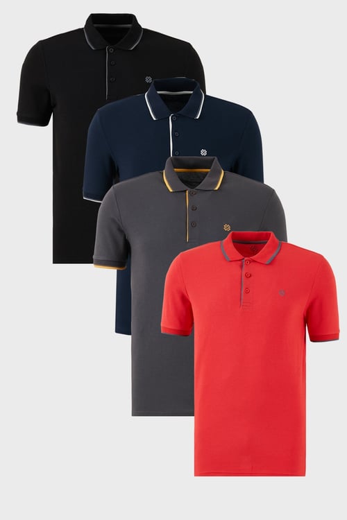 Pamuklu Regular Fit Şerit Detaylı Düğmeli Polo Yaka 4'lü Paket Erkek T Shirt 5902118S4 Siyah-Kırmızı-Antrasit-Lacivert