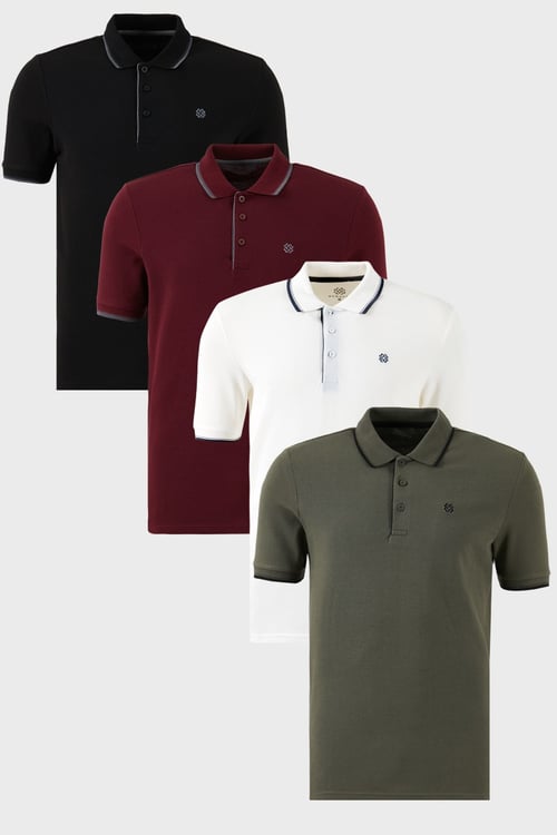 Pamuklu Regular Fit Şerit Detaylı Düğmeli Polo Yaka 4'lü Paket Erkek T Shirt 5902118S4 Siyah-Beyaz-Haki-Vişne