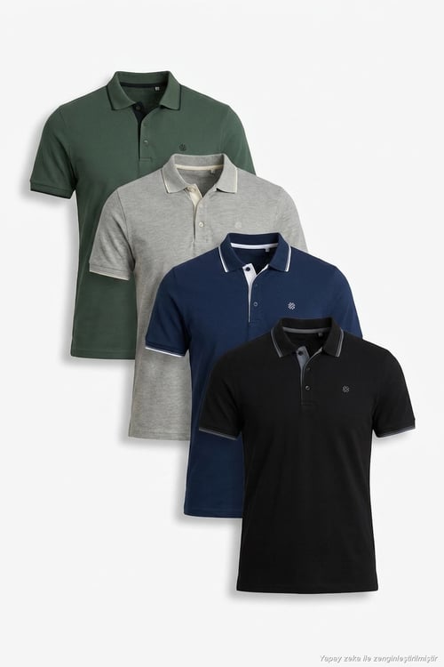 Pamuklu Regular Fit Şerit Detaylı Düğmeli Polo Yaka 4'lü Paket Erkek T Shirt 5902118S4 Siyah-Gri Melanj-Haki-İndigo