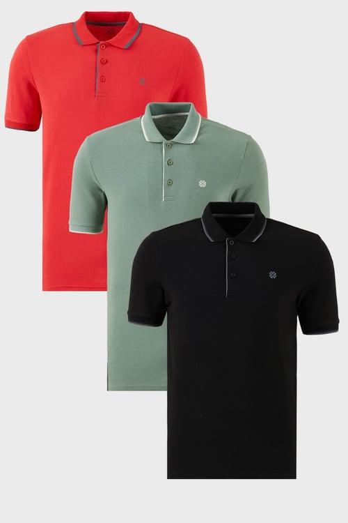 Pamuklu Regular Fit Şerit Detaylı Düğmeli Polo Yaka 3'lü Paket Erkek T Shirt 5902118S3 Siyah-Kırmızı-Elma Yeşili-Beyaz