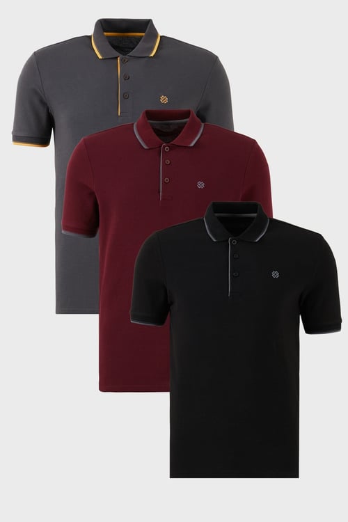 Pamuklu Regular Fit Şerit Detaylı Düğmeli Polo Yaka 3'lü Paket Erkek T Shirt 5902118S3 Siyah-Vişne-Antrasit