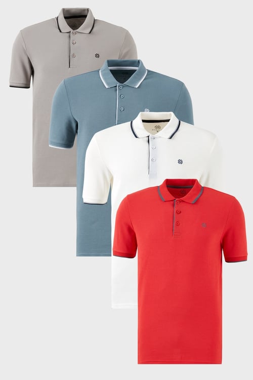 Pamuklu Regular Fit Şerit Detaylı Düğmeli Polo Yaka 4'lü Paket Erkek T Shirt 5902118S4 Beyaz-Kırmızı-Mavi-Taş