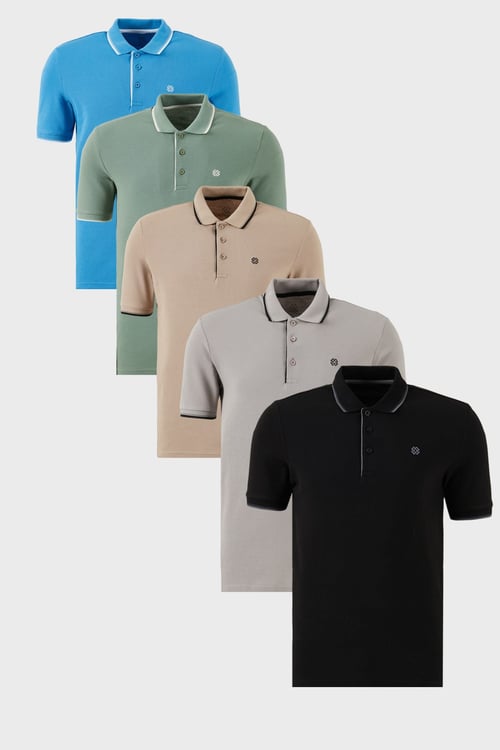 Pamuklu Regular Fit Şerit Detaylı Düğmeli Polo Yaka 5'li Paket Erkek T Shirt 5902118S5 Siyah-Taş-Koyu Mavi-Vİzon- Elma Yeşili-Beyaz