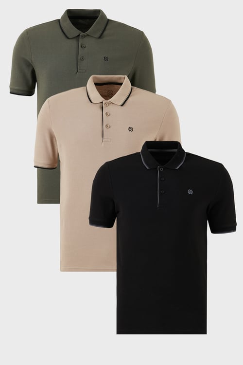 Pamuklu Regular Fit Şerit Detaylı Düğmeli Polo Yaka 3'lü Paket Erkek T Shirt 5902118S3 Siyah-Haki-Vizon