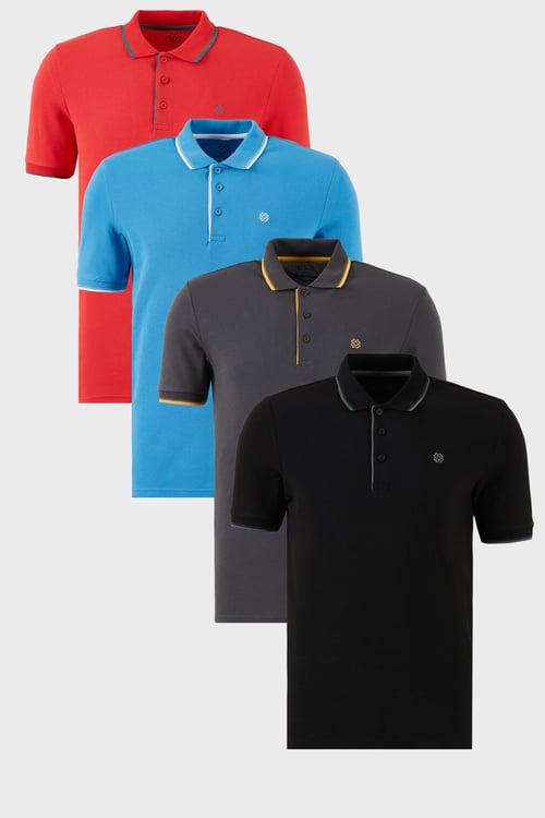 Pamuklu Regular Fit Şerit Detaylı Düğmeli Polo Yaka 4'lü Paket Erkek T Shirt 5902118S4 Siyah-Kırmızı-Antrasit-Koyu Mavi