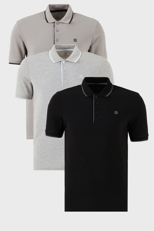 Pamuklu Regular Fit Şerit Detaylı Düğmeli Polo Yaka 3'lü Paket Erkek T Shirt 5902118S3 Siyah-Gri Melanj-Taş