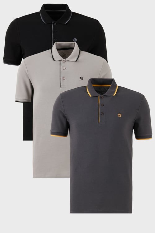 Pamuklu Regular Fit Şerit Detaylı Düğmeli Polo Yaka 3'lü Paket Erkek T Shirt 5902118S3 Siyah-Antrasit-Taş