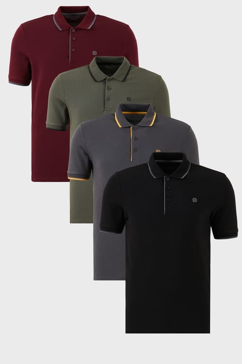 Pamuklu Regular Fit Şerit Detaylı Düğmeli Polo Yaka 4'lü Paket Erkek T Shirt 5902118S4 Siyah-Vişne-Antrasit-Haki