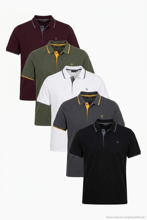 Pamuklu Regular Fit Şerit Detaylı Düğmeli Polo Yaka 5'li Paket Erkek T Shirt 5902118S5 Siyah-Antrasit-Hakisarı-Vişne-Beyaz