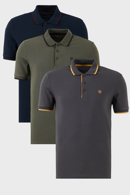 Pamuklu Regular Fit Şerit Detaylı Düğmeli Polo Yaka 3'lü Paket Erkek T Shirt 5902118S3 ANTRASİT-HAKİ-LACİVERTBORDO