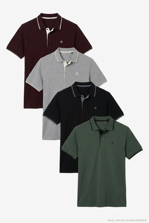 Pamuklu Regular Fit Şerit Detaylı Düğmeli Polo Yaka 4'lü Paket Erkek T Shirt 5902118S4 SİYAH-GRİ MELANJ-HAKİ-VişneBeyaz
