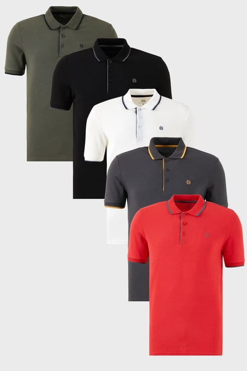 Pamuklu Regular Fit Şerit Detaylı Düğmeli Polo Yaka 5'li Paket Erkek T Shirt 5902118S5 Siyah-Beyaz-Kırmızı-Antrasit-Haki