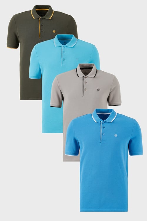 Pamuklu Regular Fit Şerit Detaylı Düğmeli Polo Yaka 4'lü Paket Erkek T Shirt 5902118S4 Aquamavi-Hakisarı-Taş-Koyu Mavi