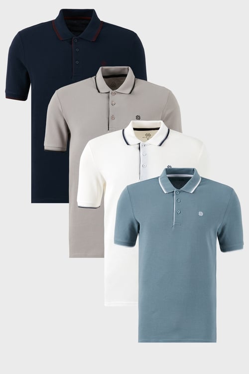 Pamuklu Regular Fit Şerit Detaylı Düğmeli Polo Yaka 4'lü Paket Erkek T Shirt 5902118S4 BEYAZ-LACİVERTBORDO-MAVİ-TAŞ