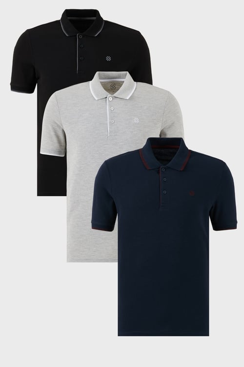 Pamuklu Regular Fit Şerit Detaylı Düğmeli Polo Yaka 3'lü Paket Erkek T Shirt 5902118S3 Siyah-Gri Melanj-Lacivert-Bordo