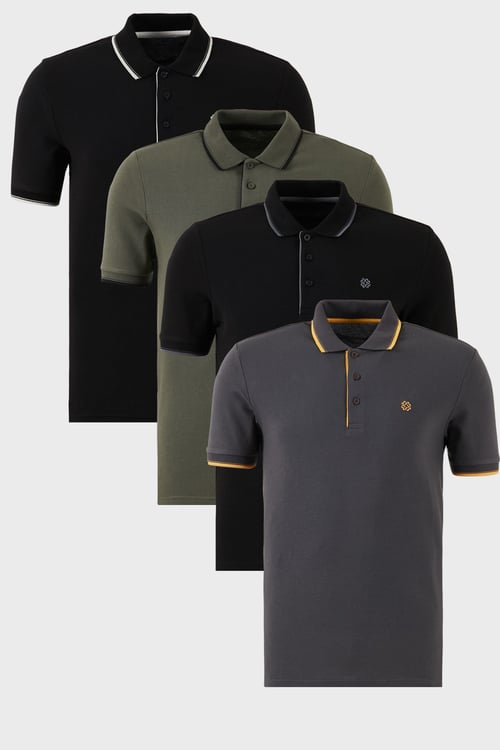Pamuklu Regular Fit Şerit Detaylı Düğmeli Polo Yaka 4'lü Paket Erkek T Shirt 5902118S4 SİYAH-ANTRASİT-HAKİ-SİYAHBEYAZ