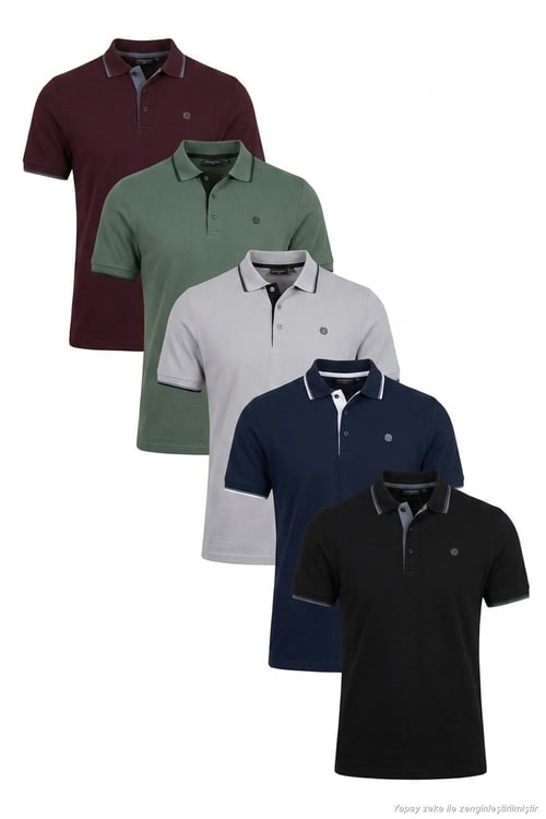 Pamuklu Regular Fit Şerit Detaylı Düğmeli Polo Yaka 5'li Paket Erkek T Shirt 5902118S5 Siyah-Vişne-Haki-Lacivert-Taş