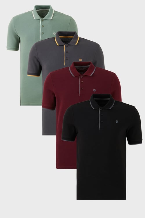 Pamuklu Regular Fit Şerit Detaylı Düğmeli Polo Yaka 4'lü Paket Erkek T Shirt 5902118S4 Siyah-Vişne-Antrasit-Elma Yeşili-Beyaz