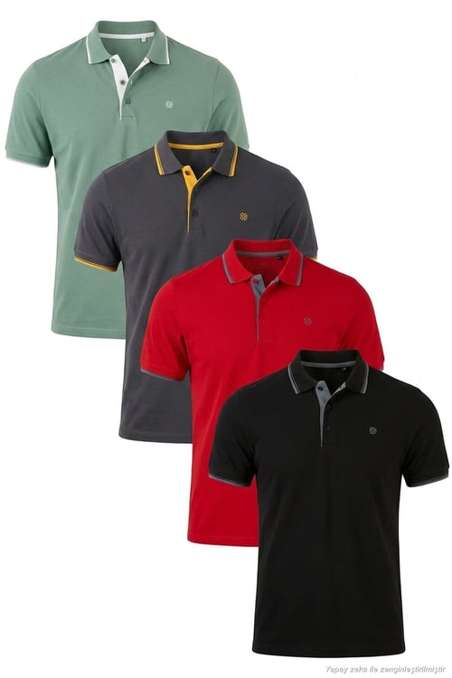 Pamuklu Regular Fit Şerit Detaylı Düğmeli Polo Yaka 4'lü Paket Erkek T Shirt 5902118S4 Siyah-Kırmızı-Antrasit-Elma Yeşili-Beyaz