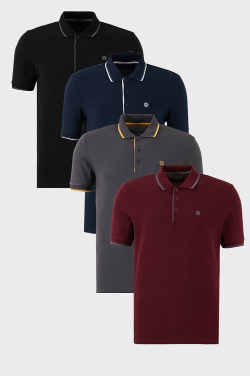 Pamuklu Regular Fit Şerit Detaylı Düğmeli Polo Yaka 4'lü Paket Erkek T Shirt 5902118S4 Siyah-Vişne-Antrasit-Lacivert