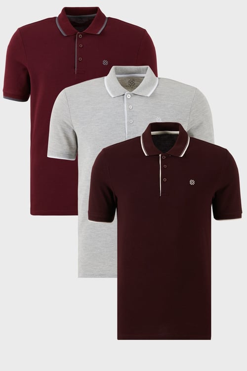 Pamuklu Regular Fit Şerit Detaylı Düğmeli Polo Yaka 3'lü Paket Erkek T Shirt 5902118S3 VİŞNE-GRİ MELANJ-VişneBeyaz