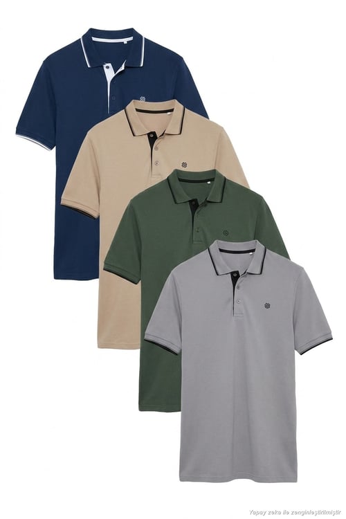 Pamuklu Regular Fit Şerit Detaylı Düğmeli Polo Yaka 4'lü Paket Erkek T Shirt 5902118S4 Haki-İndigo-Taş-Vizon