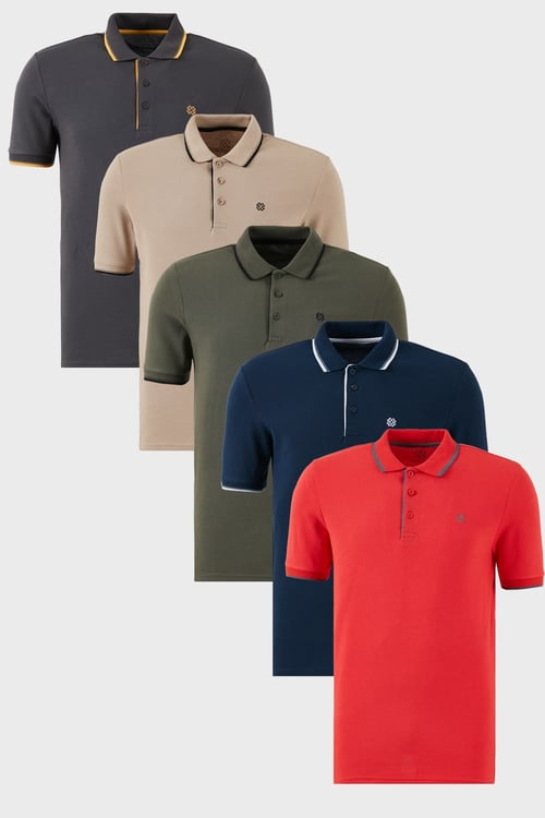 Pamuklu Regular Fit Şerit Detaylı Düğmeli Polo Yaka 5'li Paket Erkek T Shirt 5902118S5 İndigo-Haki-Kırmızı-Antrasit-Vizon
