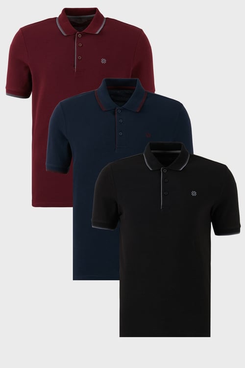 Pamuklu Regular Fit Şerit Detaylı Düğmeli Polo Yaka 3'lü Paket Erkek T Shirt 5902118S3 Siyah-Vişne-Lacivert-Bordo