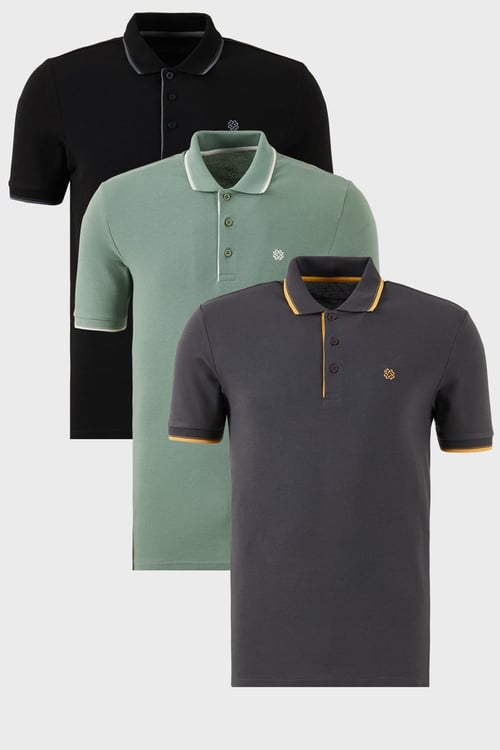 Pamuklu Regular Fit Şerit Detaylı Düğmeli Polo Yaka 3'lü Paket Erkek T Shirt 5902118S3 Siyah-Antrasit-Elma Yeşili-Beyaz