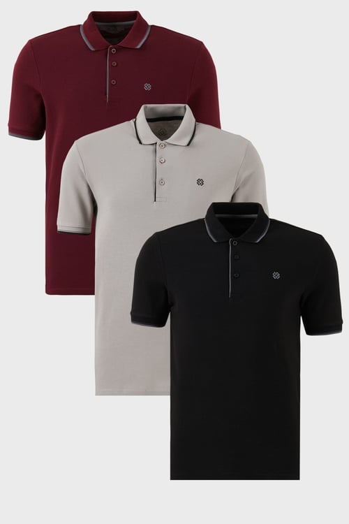 Pamuklu Regular Fit Şerit Detaylı Düğmeli Polo Yaka 3'lü Paket Erkek T Shirt 5902118S3 Siyah-Vişne-Taş