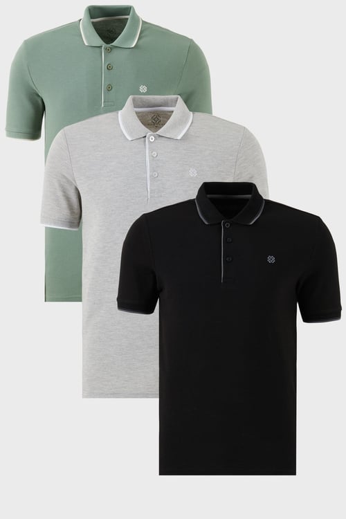 Pamuklu Regular Fit Şerit Detaylı Düğmeli Polo Yaka 3'lü Paket Erkek T Shirt 5902118S3 Siyah-Gri Melanj-Elma Yeşili-Beyaz