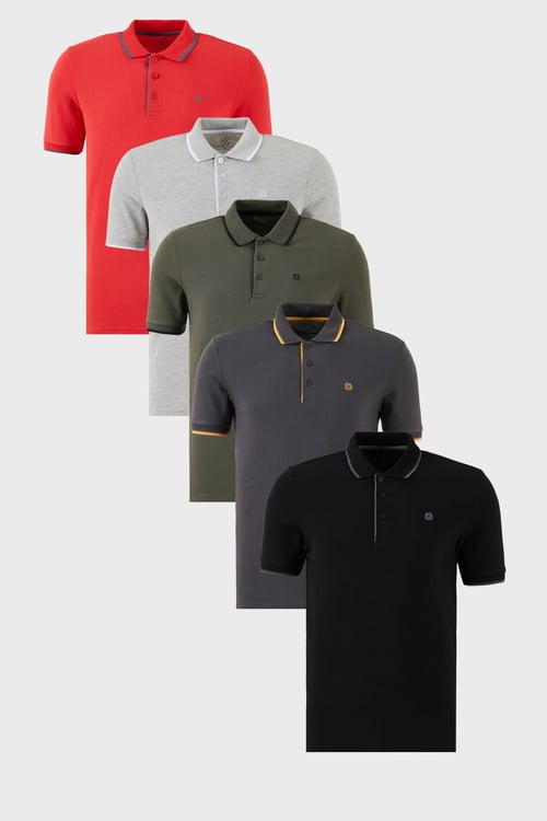 Pamuklu Regular Fit Şerit Detaylı Düğmeli Polo Yaka 5'li Paket Erkek T Shirt 5902118S5 Siyah-Kırmızı-Antrasit-Haki-Gri Melanj