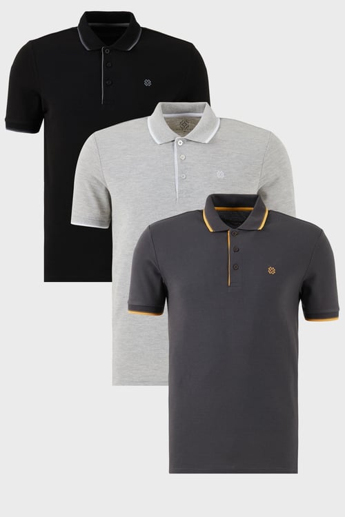 Pamuklu Regular Fit Şerit Detaylı Düğmeli Polo Yaka 3'lü Paket Erkek T Shirt 5902118S3 Siyah-Antrasit-Gri Melanj