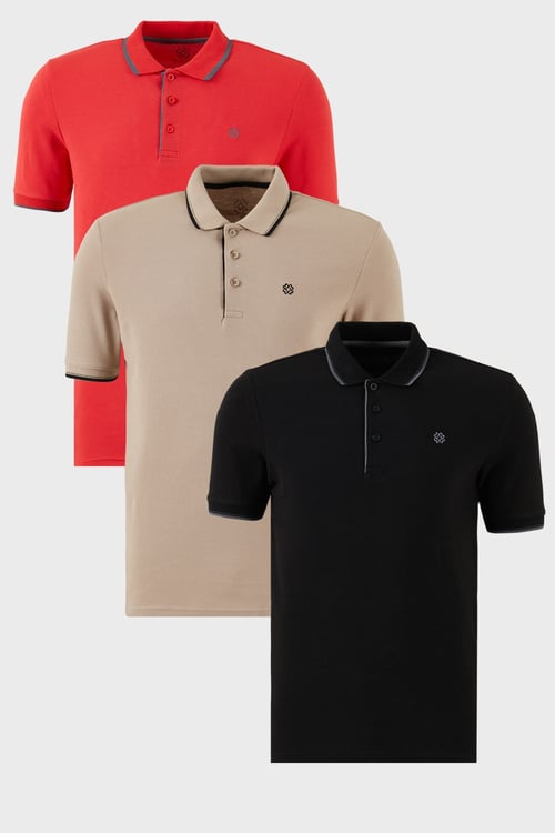 Pamuklu Regular Fit Şerit Detaylı Düğmeli Polo Yaka 3'lü Paket Erkek T Shirt 5902118S3 Siyah-Kırmızı-Vizon