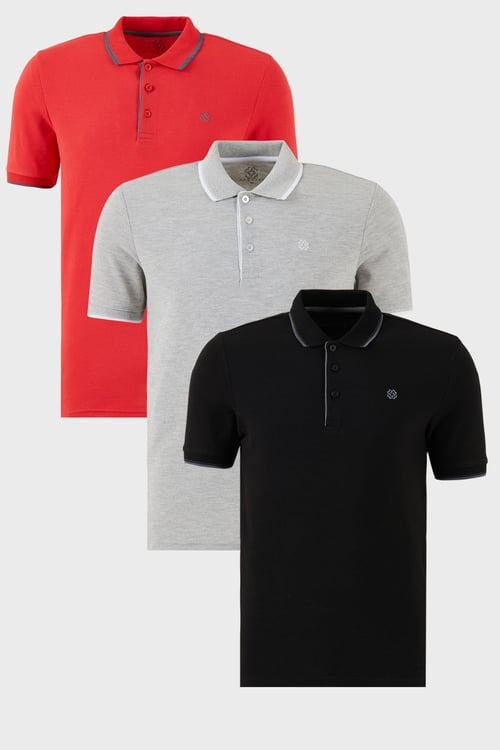 Pamuklu Regular Fit Şerit Detaylı Düğmeli Polo Yaka 3'lü Paket Erkek T Shirt 5902118S3 Siyah-Kırmızı-Gri Melanj
