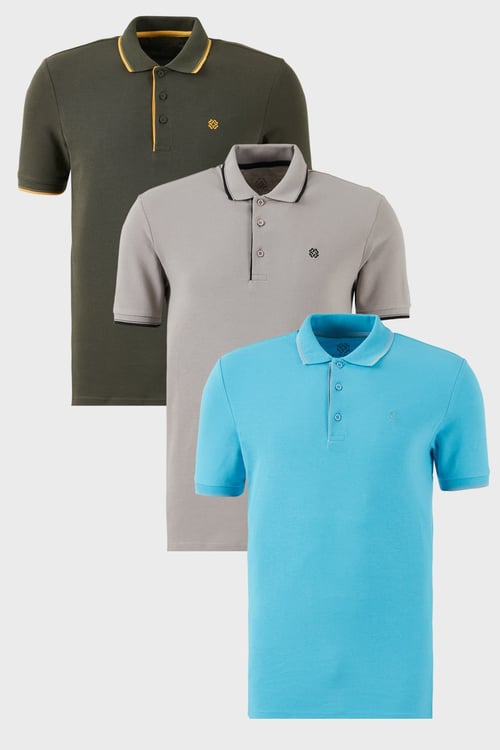 Pamuklu Regular Fit Şerit Detaylı Düğmeli Polo Yaka 3'lü Paket Erkek T Shirt 5902118S3 Aquamavi-Hakisarı-Taş