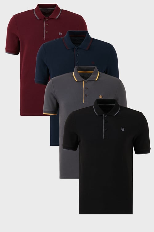 Pamuklu Regular Fit Şerit Detaylı Düğmeli Polo Yaka 4'lü Paket Erkek T Shirt 5902118S4 Siyah-Vişne-Antrasit-Lacivert-Bordo