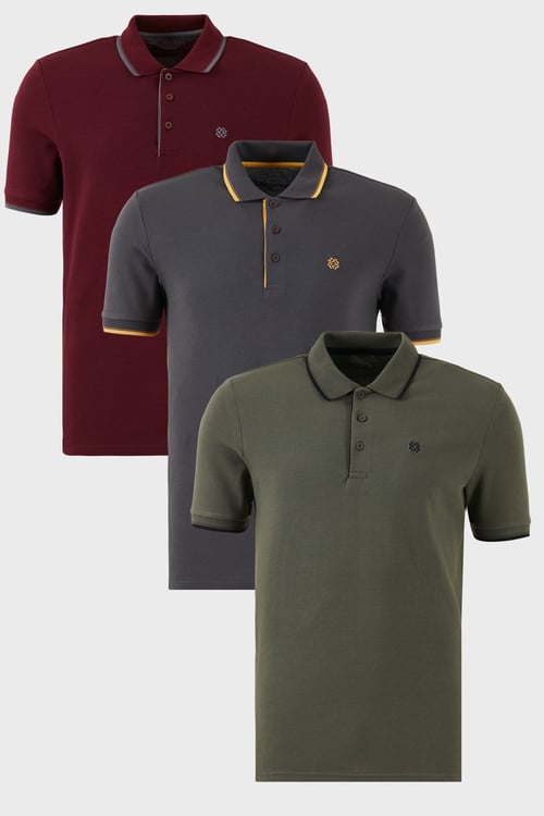 Pamuklu Regular Fit Şerit Detaylı Düğmeli Polo Yaka 3'lü Paket Erkek T Shirt 5902118S3 Vişne-Antrasit-Haki