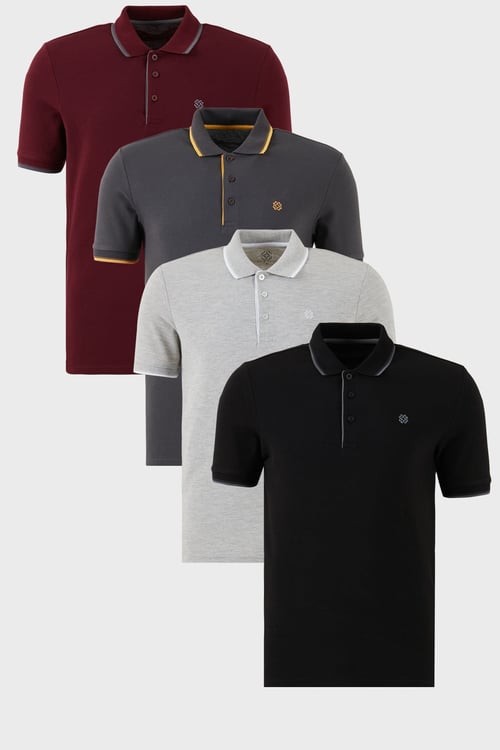 Pamuklu Regular Fit Şerit Detaylı Düğmeli Polo Yaka 4'lü Paket Erkek T Shirt 5902118S4 Siyah-Vişne-Antrasit-Gri Melanj